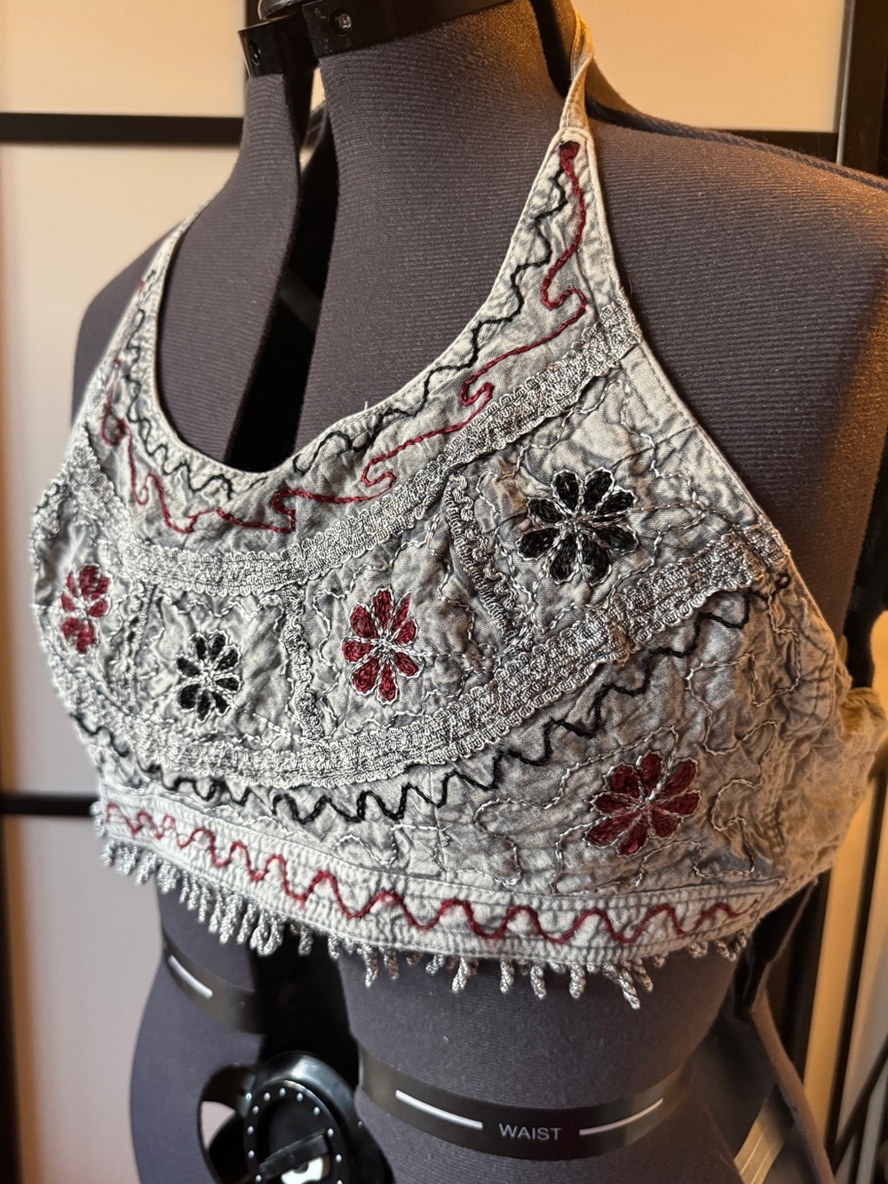 Go Gal Embroidered Halter Crop Top in Light Gray with Red & Black Accents